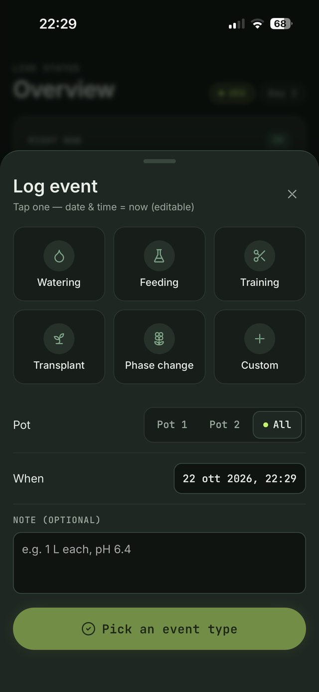 Log event sheet with buttons for watering, feeding, training, transplant, phase change and custom, a pot selector and a note field